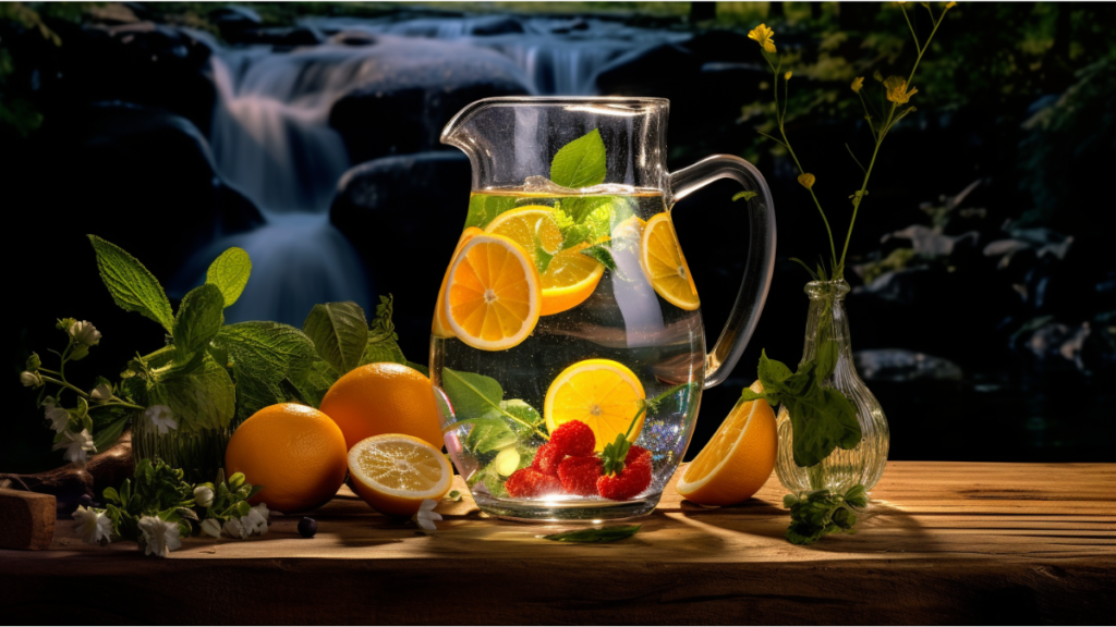 a clear glass water pitcher with fresh, vibrant fruits and vegetables floating inside