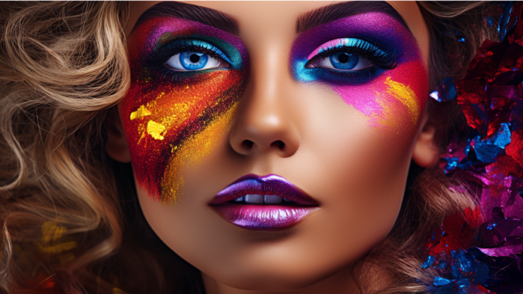 the face of a beautiful woman wearing colorfull makeup