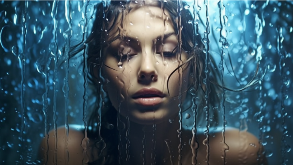 refreshing image of a woman standing in a shower